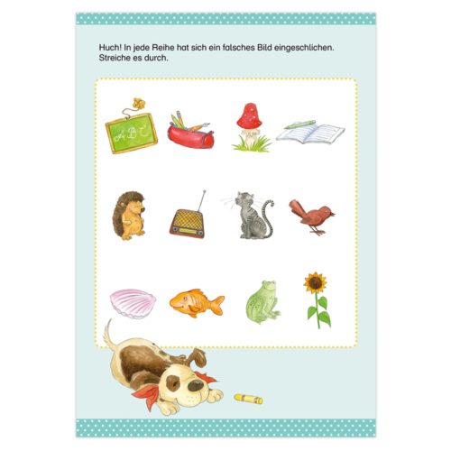 Illustriertes Zuordnungsspiel mit verschiedenen Tieren und Gegenständen, darunter ein Igel, eine Katze und ein Fisch.