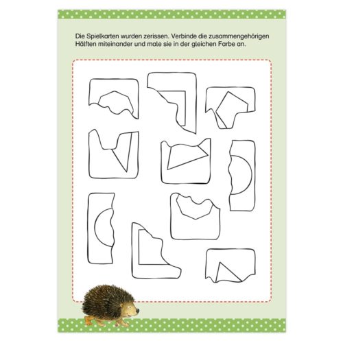 Puzzleteile mit unterschiedlichen Formen auf grünem Randhintergrund und einer Igelillustration in der Ecke.