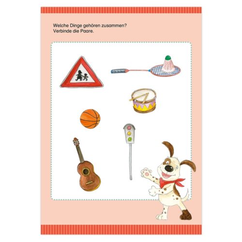 Kinder-Aktivitätsseite mit Abbildungen einer Gitarre, eines Verkehrsschildes, eines Federballs, eines Basketballs, einer Trommel und einer Ampel.