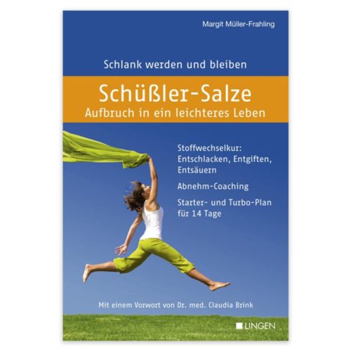 Buchcover mit einer Frau, die in ein Feld springt, mit dem Titel „Schüßler-Salze: Aufbruch in ein leichteres Leben“.