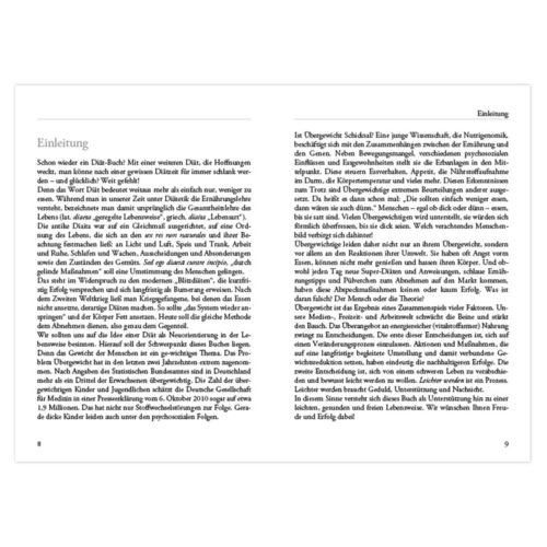 Offenes Buch mit deutschem Text auf den Seiten 8 und 9. Enthält Überschriften und Absätze in schwarzer Schrift auf weißem Papier.