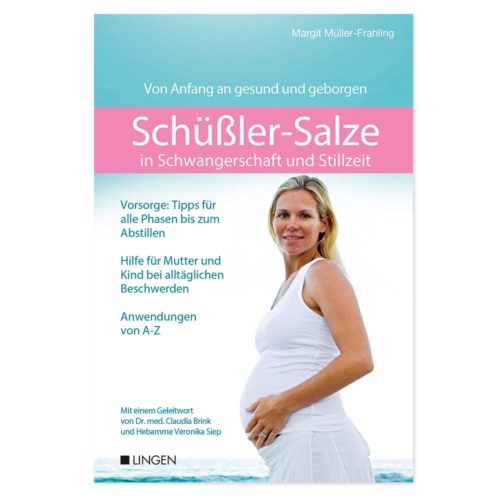 Lächelnde schwangere Frau auf dem Cover eines Schüßler-Salze-Buchs mit Ratschlägen zur Schwangerschaft und Stillzeit.