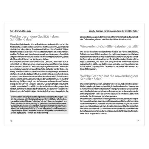 Zwei Seiten deutscher Text in einem Buch, der die Qualität und Grenzen von Schüßler-Salzen im Körper diskutiert.