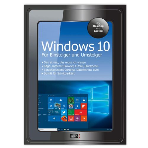 Windows 10-Handbuch für Einsteiger in deutscher Sprache, mit Tablet auf dem Cover.