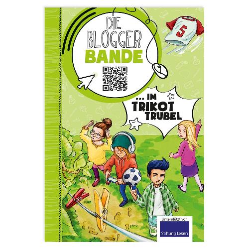 Kinder in bunten Outfits, umgeben von Sportartikeln und einem QR-Code auf einem hellgrünen Hintergrund.