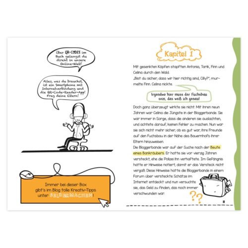 Ein Junge auf einem Berggipfel mit einer Gedankenblase und einem Text, der das erste Kapitel einer Geschichte im Buchlayout bespricht.
