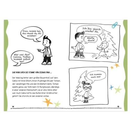 Schwarz-weißer Comic mit sich unterhaltenden Kindern in einem Wald, deutschem Text und bunter Sternendekoration am unteren Rand.
