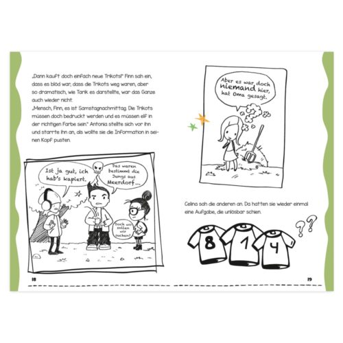 Seite im Comic-Stil mit drei Figuren, die eine Aufgabe besprechen, und drei nummerierten Shirts. Dialog auf Deutsch.