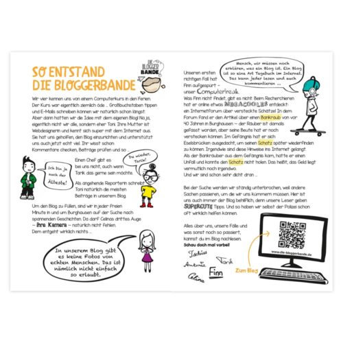 Illustrierter Cartoon über die Gründung eines Bloggerclubs mit Figuren und einem Computer, mit deutschem Text.