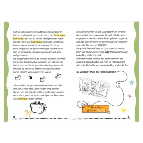 Illustrierte Seite mit deutschem Text, der Zeichnung einer Schatztruhe und zwei Personen neben einem Bilderrahmen.