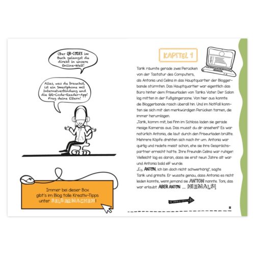 Illustrierte Seite mit Text und einer Karikatur einer Person an einem Computer. Sprechblase mit erwähnten QR-Codes.