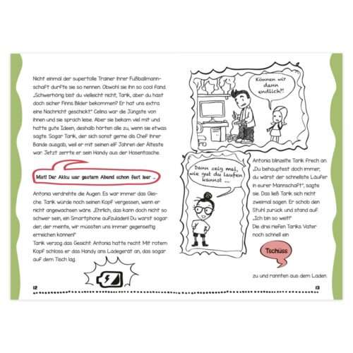 Comicstrip mit einem Mädchen, das mit ihrem Vater über die Fußballmannschaft ihres Bruders spricht.