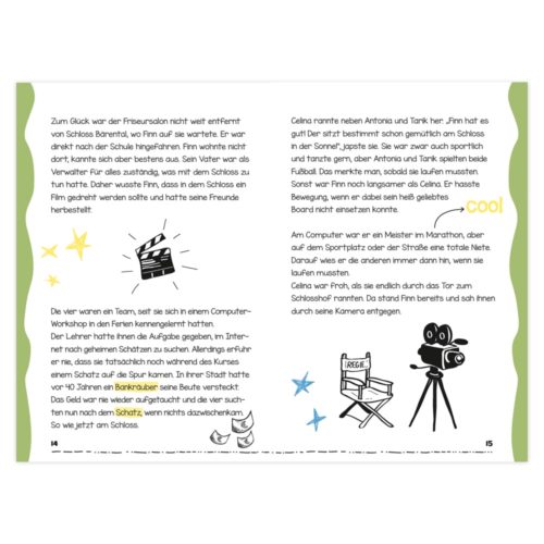 Eine deutsche Kinderbuchseite mit Abbildungen einer Filmklappe und einer Kamera.