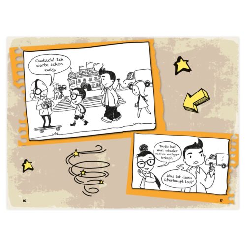 Comic mit Kindern am Eingang einer Schule und in einem Klassenzimmer, die auf Deutsch sprechen und Sprechblasen haben.