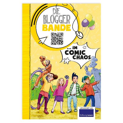 Kinder posieren mit einem bunten Dinosaurier, einem Zauberer und Luftballons auf einem Buchcover mit Comic-Motiv.