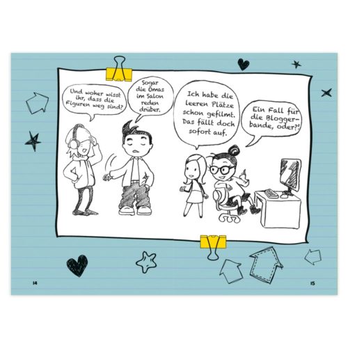 Cartoon von Kindern, die in einem handgezeichneten Comic mit Sprechblasen über Blog-Pläne sprechen.