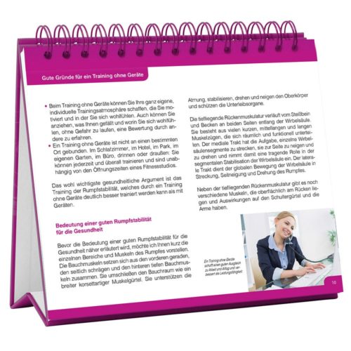Spiralgebundener Ständer mit Text zu den Vorteilen des Trainings und einem kleinen Bild einer lächelnden Person auf der rechten Seite.