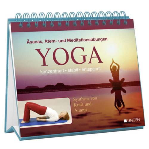 Tischkalender mit Yoga-Thema und dem Bild einer Person in einer Yoga-Pose vor dem Hintergrund eines Sonnenuntergangs.