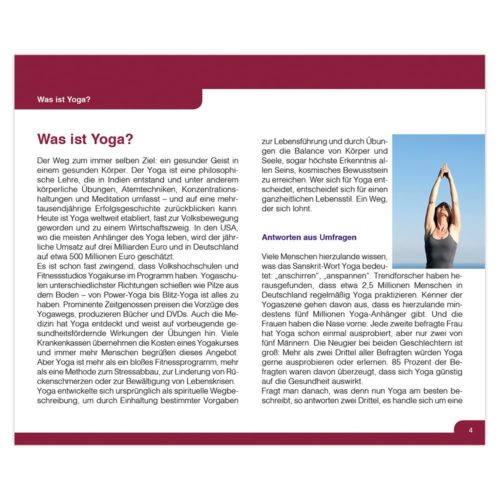 Deutscher Text über Yoga, einschließlich seiner Philosophie, Vorteile und Umfrageergebnisse, im zweispaltigen Layout.