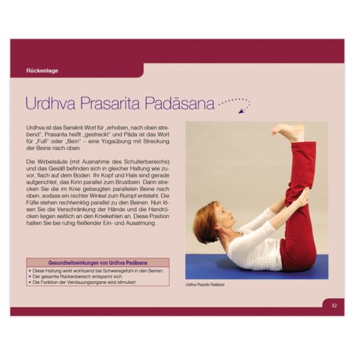 Person in roten Hosen macht die Yoga-Pose Urdhva Prasarita Padasana, liegt auf dem Rücken mit nach oben ausgestreckten Beinen.