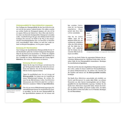Offenes Buch mit deutschem Text und Farbbildern einer Smartphone-Oberfläche und einer Pagode.