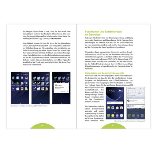 Offenes Buch mit App-Symbolen und Smartphone-Oberfläche auf den Seiten. Der Text ist auf Deutsch.