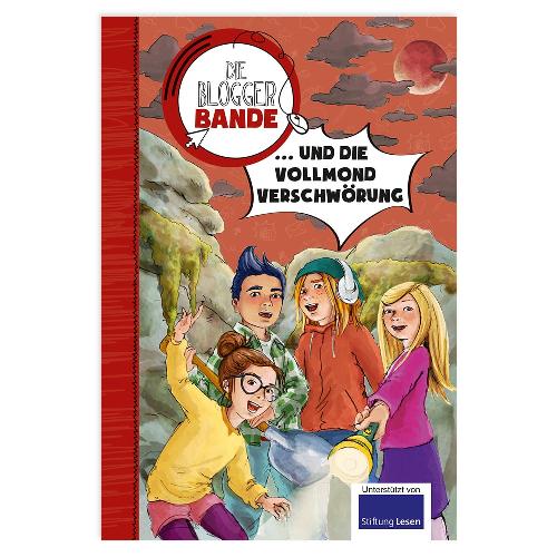 Cover von „Die Bloggerbande... und die Vollmondverschwörung“ mit vier animierten Kindern in einer Waldszene.