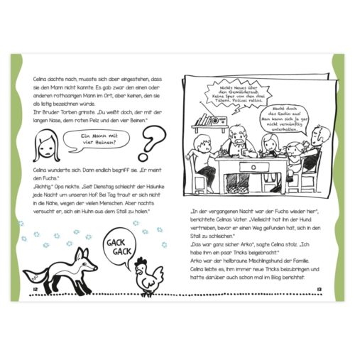 Comic einer Familie, die über einen schlauen Fuchs diskutiert. Enthält eine Kritzelei eines Fuchses und eines Huhns mit Sprechblasen.