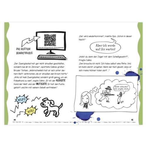 Comicseite mit Hundeillustration, Sprechblasen und dekorativen Textelementen.