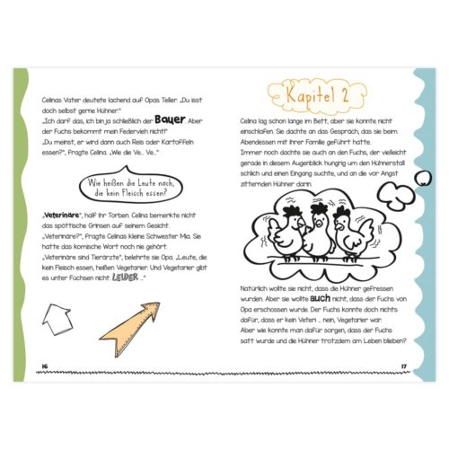 Illustrierte Seite aus einem Kinderbuch mit Text, Hühnern und einem Pfeil, der auf Sprechblasen zeigt.