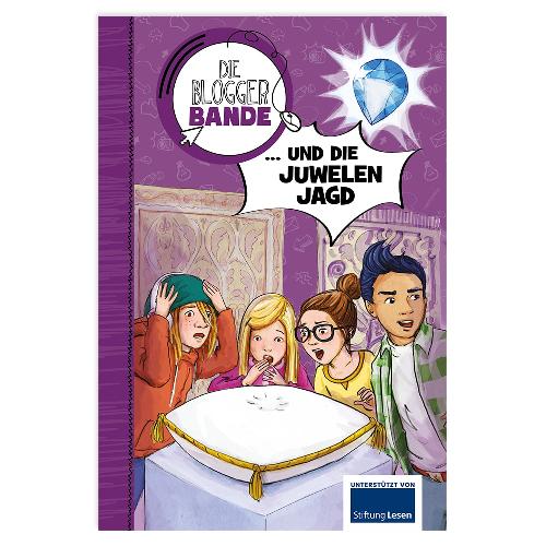 Comic-Cover mit vier überraschten Kindern, die auf einen Sockel blicken, über dem ein großes Juwel liegt.