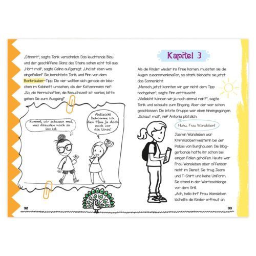 Illustration eines sprechenden Mädchens und eines Jungen, darunter eine Pfauenzeichnung, aus Kapitel 3 eines Kinderbuchs.
