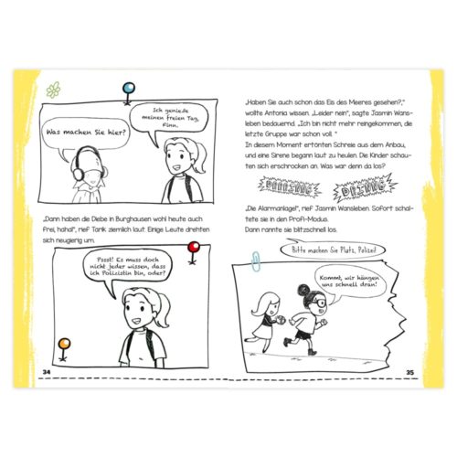 Comic mit zwei Kindern, die über die Überraschung ihres Nachbarn sprechen. Ein anderes Kind eilt herbei und warnt vor einem Notfall.