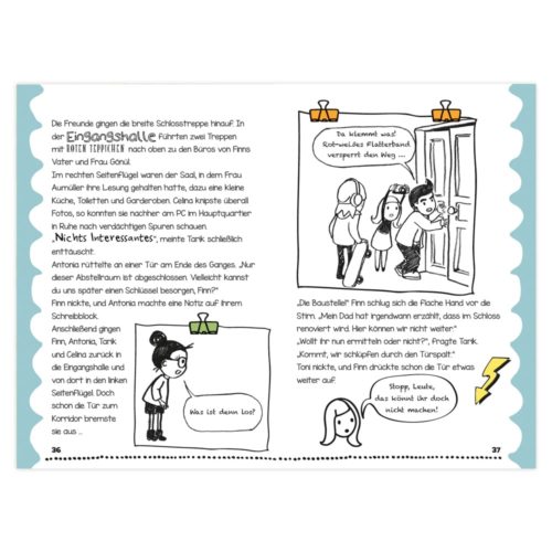 Comic-Bild von Kindern auf Entdeckungsreise mit deutschem Text über eine Baustelle, eine Taschenlampe und eine geheimnisvolle Tür.