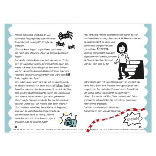 Eine Seite aus einem Kinderbuch mit Abbildungen einer Mumie, einer Spinne und eines Stapels Bücher.