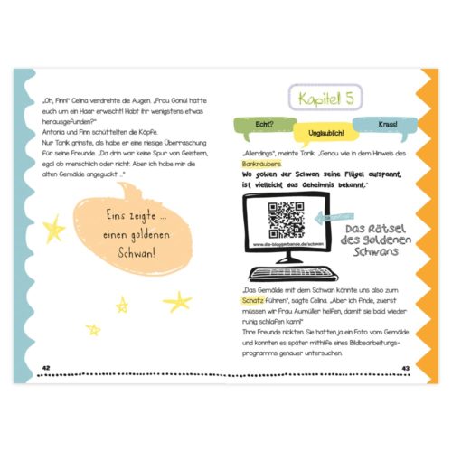 Bunt illustrierte Kinderbuchseite mit Text, einem QR-Code und einem Computer, der ein Schwanenbild anzeigt.