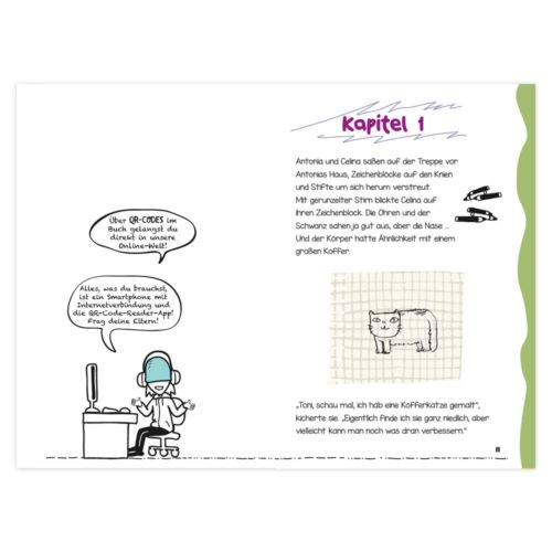 Ein Kind zeichnet digital mit Text zu Kapitel 1 und einer Skizze einer Kaffeemaschine.