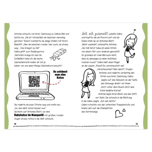 Cartoon einer Mädchenzeichnung mit Text und Illustrationen, einschließlich eines QR-Codes und verspielten Katzen-Kritzel-Anweisungen.