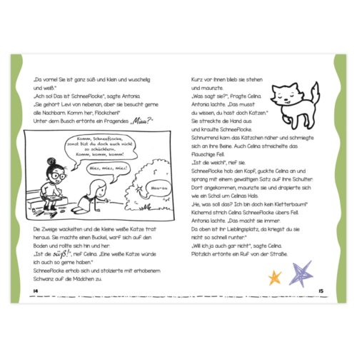 Seite mit Text, einem Cartoon von zwei Personen und einer Katze sowie kleinen Sternzeichnungen.