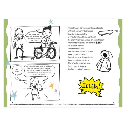 Seite im Comic-Stil mit Figuren, die Skateboard fahren, Fahrrad fahren und auf eine fallende Schneeflocke mit der Sprechblase „Iiiih!“ reagieren.