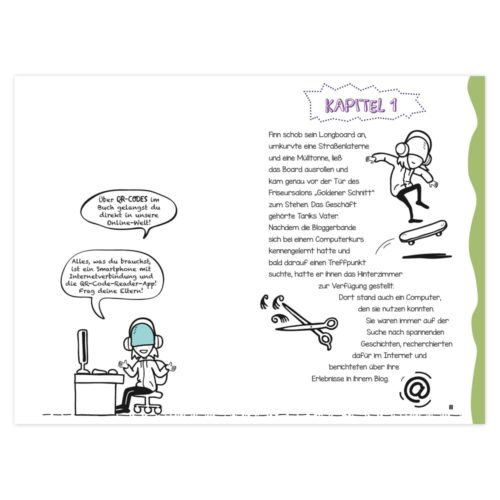 Illustration einer Person am Computer und einer anderen beim Skateboarden, mit deutschem Text über QR-Codes und Bloggen.