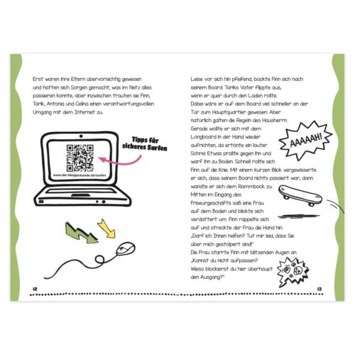 Abbildung eines Laptops mit einem QR-Code. Text über sicheres Surfen und eine Figur, die auf etwas Überraschendes reagiert.