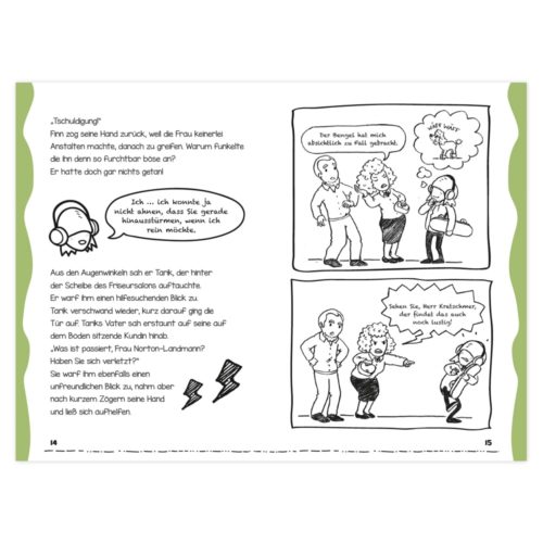 Eine Seite im Comic-Stil mit illustrierten Figuren, die ein Gespräch auf Deutsch führen.