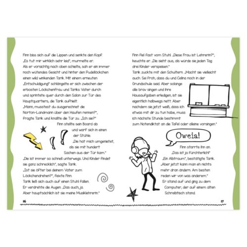 Seite im Comic-Stil mit handgeschriebenem Text, Illustrationen eines Jungen mit Helm und Soundeffekt „Oweia!“.