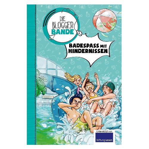 Illustriertes Buchcover mit Kindern, die in einem Pool und einer Wasserrutsche planschen, mit dem Titel „Badespaß mit Hindernissen“.