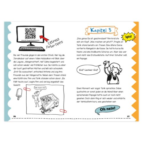 Bebilderte Buchseite mit Zeichnungen, Text und einem QR-Code unter „Celinas Foto-Tipps“.