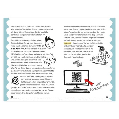 Eine Seite im Comic-Stil mit Text, Illustrationen und einem QR-Code auf einem Computerbildschirm.