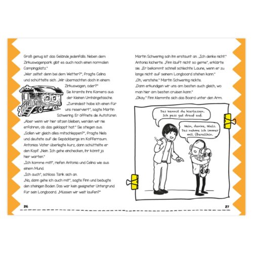Eine Illustration im Comic-Stil von zwei sich unterhaltenden Personen, von denen eine einen Helm hält, mit deutschem Text auf der linken Seite.