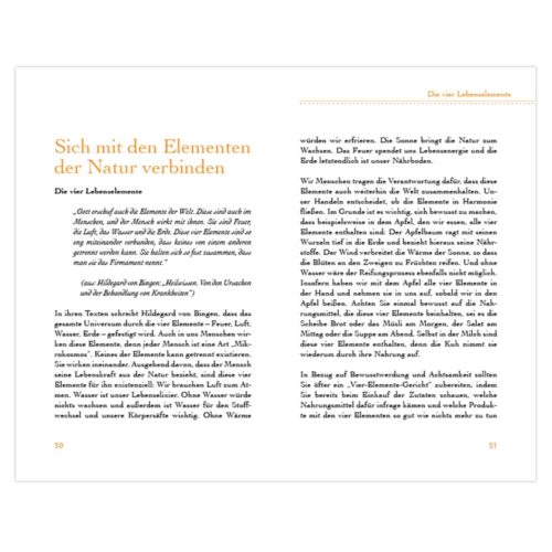 Seite mit deutschem Text aus „Die vier Lebenselemente“, in dem es um Elemente der Natur geht. Seitenzahlen 50 und 51.