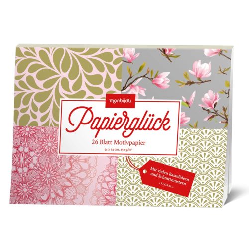 Bunter Musterblock mit floralen Motiven und dem Etikett „Papierglück“ auf der Vorderseite.